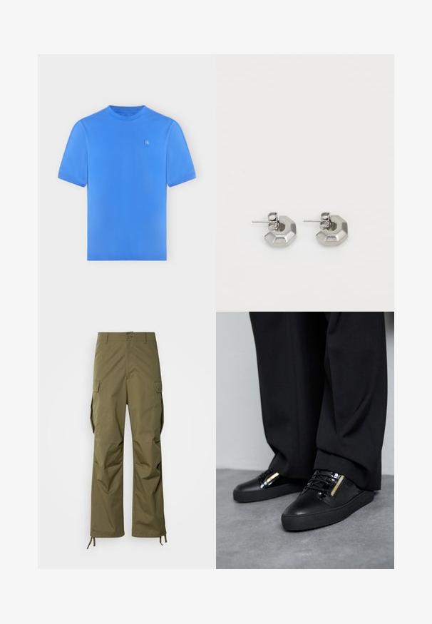Camiseta azul de manga corta con cuello redondo y pequeño logo CK en el pecho izquierdo, diseño liso, mostrada sobre un fondo neutro.; Pantalones cargo verdes oliva fabricados con un tejido duradero, que presentan un diseño de pierna recta, bolsillos laterales y lazos ajustables en los tobillos.; Zapatillas de cuero negro con detalles brillantes, cordones texturizados y un detalle de cremallera; combinadas con pantalones oscuros y holgados sobre un suelo gris.; Pendientes de metal plateado con forma hexagonal angular, con un acabado pulido y un cierre trasero seguro.