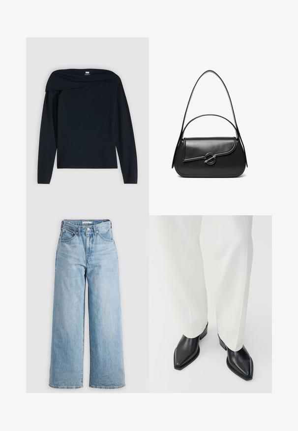 Top negro de manga larga con diseño de hombros descubiertos, textura suave y estilo minimalista. Cuenta con un cuello redondo y una silueta ajustada.; Vaqueros de pierna ancha de color azul claro con una cintura alta, confeccionados en tejido de denimbre. Presentan un diseño clásico de cinco bolsillos y herrajes metálicos.; Botas de tobillo negras con punta afilada y acabado de cuero liso, con tacones bajos y bloque, combinadas con pantalones blancos de pierna ancha. Diseño simple y moderno.; Bolso de hombro de cuero negro con una solapa curva asegurada por un broche metálico redondo y una correa delgada y ajustable.