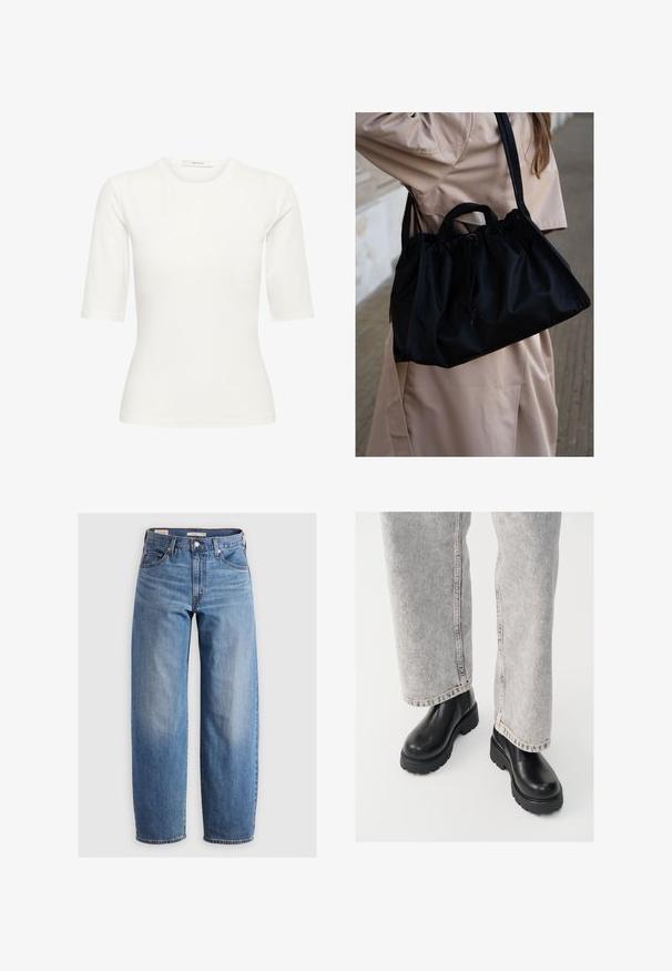 Valge lühikeste varrukatega keha järgnev top ümar kaelusega ja krae juures sildiga "GESTUZ".; Heledsinise otse jalga minevate teksade materjaliks on denim. Esitletud on klassikaline viie tasku disain ja peen kulumine jalgade lõikes.; Vagabond COSMO - Platvormtallaga poolsaapad - black; Naine beežides trentškatiga kannab õlal suurt musta nöörkotti õues tausta ees.