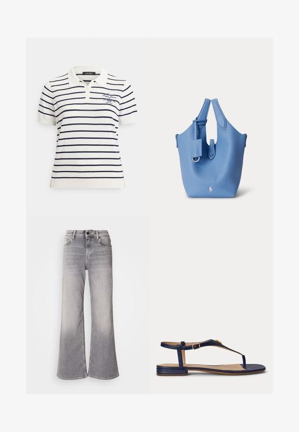 Witte poloshirt met korte mouwen, navyblauwe horizontale strepen en een geborduurd "Ralph Lauren"-logo op de borst, voorzien van een kraag en knoopsluiting.; Mos Mosh HERA - Flared Jeans - grey; Marineblauwe platte sandaal met dunne bandjes, enkelgesp en teenriem op een lichte achtergrond.; Blauwe leren handtas met textuur, dubbele handvatten, een klein aangehecht zakje en een subtiel wit logo bij de basis op een effen achtergrond.