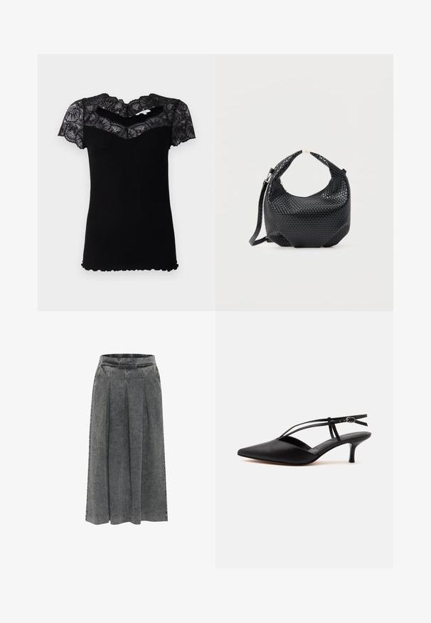Camiseta negra de canalé con mangas cortas de encaje y escote con volantes. Presenta un diseño ajustado y una tela texturizada.; Falda de mezclilla gris con pliegues, cinturilla elástica, de longitud a la rodilla y con una superficie texturizada. Diseño simple sin patrones o adornos visibles.; Zapato de piel negra con puntera puntiaguda y tacón kitten, con tira fina en el tobillo y hebilla, diseño slingback, sobre un fondo liso y claro.; Bolso de mano de cuero negro trenzado con asa corta y correa de hombro desmontable, exhibido sobre un fondo claro y liso.