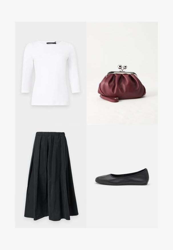 Chemise blanche à manches longues, ajustée avec un col rond, étiquette de marque noire visible au niveau du col sur un fond uni.; Pantalon noir à jambes larges plissé avec une ceinture élastique, fabriqué en tissu léger, suspendu sur un fond blanc uni.; Ballerines en cuir noir avec un bout rond, texture lisse, détails de couture minimalistes et design de semelle flexible.; Petit sac pochette en cuir bordeaux avec fermoir métallique argenté et bracelet sur fond blanc.