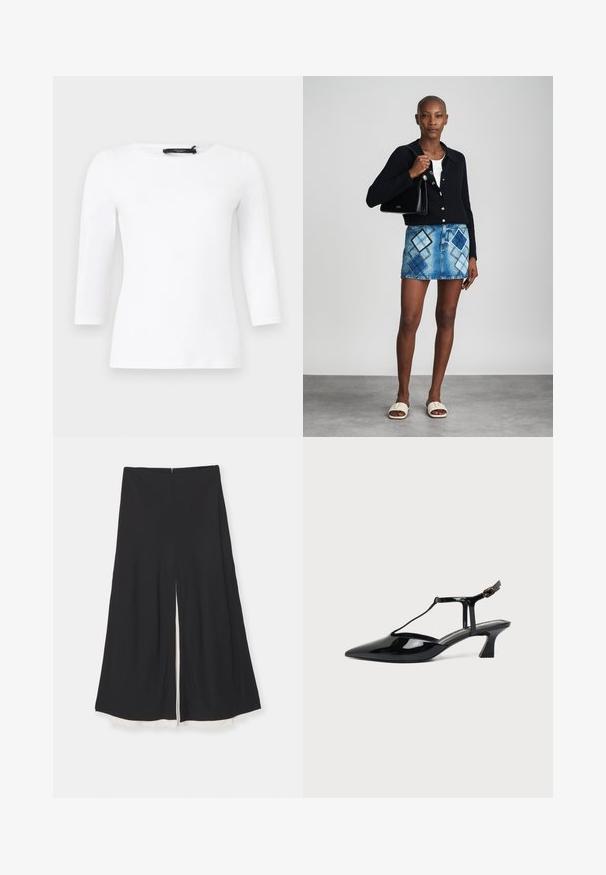 Chemise blanche à manches longues, ajustée avec un col rond, étiquette de marque noire visible au niveau du col sur un fond uni.; Pantalon noir à jambes larges avec une fente devant, présentant une texture lisse et une doublure blanche contrastante au niveau de l'ourlet. Fermeture zippée au dos.; Chaussure slingback en cuir verni noir à bout pointu avec bride en T et petit talon bloc incliné sur fond blanc.; Un cardigan en maille noir, un haut blanc, une jupe en denim avec un motif de diamants bleus et noirs, un sac à main noir et des sandales à enfiler beiges.