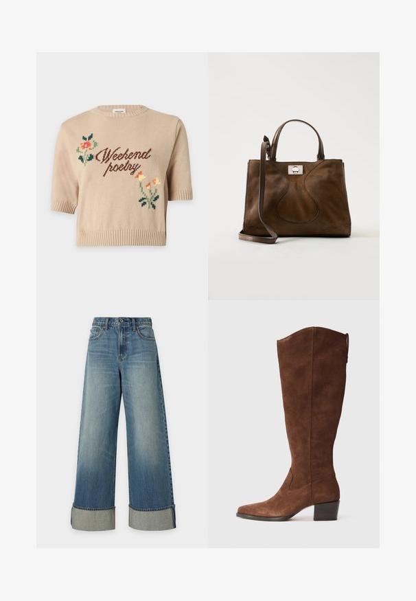 Pull en tricot beige à manches courtes avec le texte "Weekend poetry" et petits motifs floraux colorés sur le devant.; Jean en denim bleu à jambes larges, taille haute, bouton et fermeture éclair devant, poches et larges revers aux chevilles.; Bottes en suède brun jusqu'aux genoux avec un bout pointu et un talon empilé. Présente une finition lisse et des détails de couture minimalistes.; Sac à main en daim marron avec poignées en cuir et bandoulière réglable, doté d'un fermoir argenté sur un fond blanc uni.