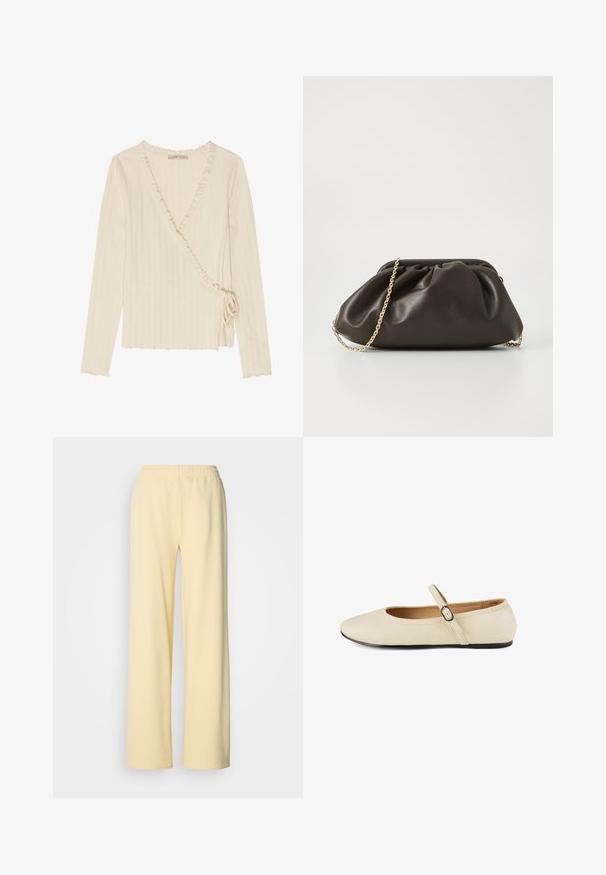 Top créme à manches longues avec un design enroulé, texture côtelée, encolure froncée et détail de lien sur le côté, avec un ourlet cropped.; Pantalon large jaune clair en tissu doux, avec taille élastique et sans motifs visibles ni détails en métal.; Chaussure Mary Jane en cuir beige avec un bout pointu, une semelle plate et une seule sangle ajustable avec boucle en métal. Texture lisse.; Sac à main en cuir marron avec un design froncé, une bandoulière en chaîne dorée et une finition douce et texturée. Sa forme compacte est idéale pour une utilisation en soirée.