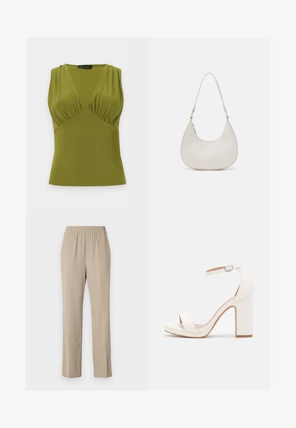 Top sans manches vert olive avec un décolleté en V profond, tissu froncé sous la poitrine et ourlet droit.; Pantalons beige légers avec une taille élastique, coupe droite, texture douce et plis subtils. Pas de poches visibles.; Sandale à talon haut blanche avec une bride de cheville, design minimaliste, bout ouvert, talon carré et texture en cuir lisse.; Sac épaule en cuir crème en forme de croissant, avec une fine sangle et des détails de coutures subtils. Design minimaliste avec des accents en métal doré.