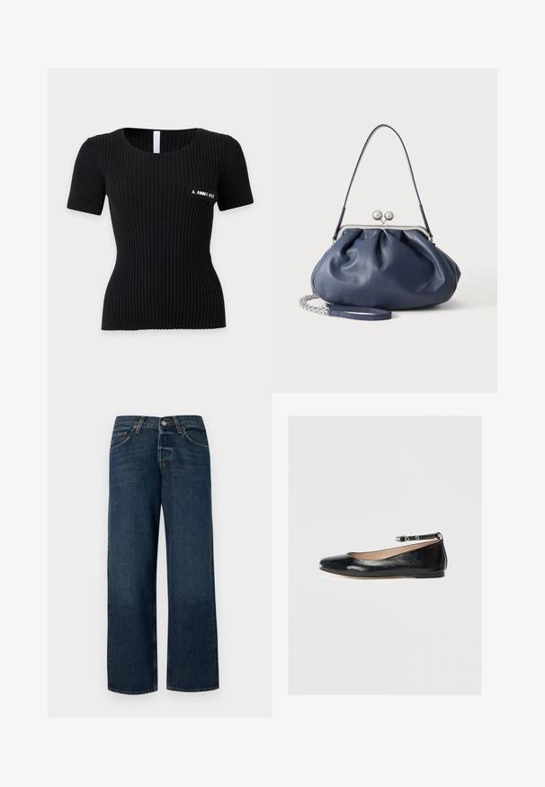 Zwart geribd aansluitend topje met korte mouwen, ronde hals en een klein patch op de linkerborst met witte tekst.; Donkerblauwe denim jeans met een rechte snit, vijf zakken en metalen hardware. Heeft een lichte vervaging en een schone zoom.; Zwarte leren ballerina met een ronde neus, enkelbandje en lage hak. Glad textuur en minimalistisch ontwerp.; Zachte navyblauwe leren handtas met zilveren sluiting, enkele schouderband en afneembare ketting polsband op witte achtergrond.
