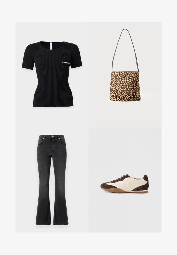 Haut court ajusté noir côtelé avec col rond et petite écusson sur la poitrine gauche avec texte blanc.; CLOSED JOVANNA - Jean slim - dark grey; Baskets marron et crème présentant un mélange de matériaux texturés et lisses, profil bas, design à lacets, et semelle en caoutchouc.; Sac à épaule imprimé léopard avec une longue bandoulière noire et une forme rectangulaire sur un fond clair uni.