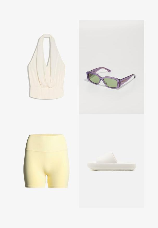 Haut sans manches couleur crème à col licou avec un décolleté en V profond et un détail de taille élastiquée froncée.; Shorts en tissu jaune avec une taille côtelée, présentant une texture lisse et un design de longueur intermédiaire, adaptés pour le sport ou les tenues décontractées.; Sandale blanche à semelle plate avec une sangle texturée et une semelle ronde et surélevée. Le matériau semble lisse et durable avec un motif subtil.; Lunettes de soleil en plastique violet avec des verres verts rectangulaires. La monture présente une finition brillante et un logo "Vogue" doré sur les côtés.