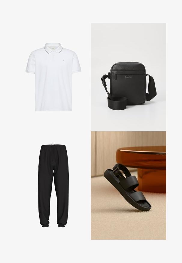 Polo blanc à manches courtes avec une patte de boutonnage à deux boutons, bordure grise au col et aux poignets, et petit logo "ck" brodé sur la poitrine.; Pantalon de jogging noir coupe ample avec taille et poignets élastiques, doté d'un cordon de serrage réglable à la taille.; Sandale noire avec double brides et une boucle sur un tapis beige, à côté d'une table ronde de couleur ambre dans une pièce aux tons neutres.; Sac bandoulière en cuir noir avec une finition texturée, doté d'une poche zippée à l'avant et d'une sangle en tissu ajustable. Logo de la marque visible.