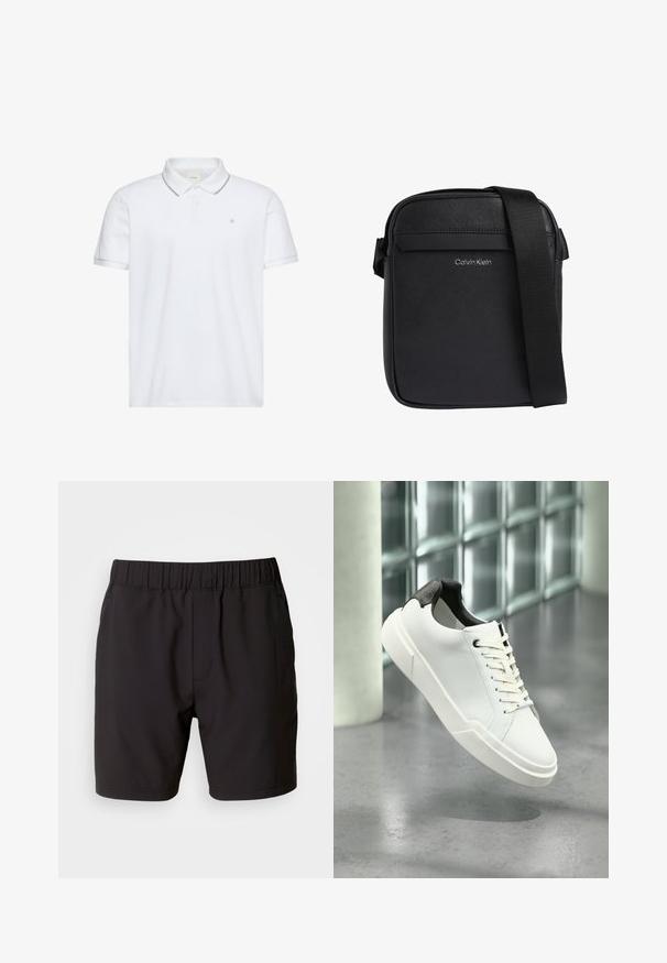 Hvid kortærmet polo med to-knaps lukning, grå kant på krave og ærmekanter samt lille "ck" logo broderet på brystet.; Sorte shorts lavet af strækbart stof, med en elastisk talje, sidelommer og et simpelt, rent design. Ingen mønstre eller detaljer.; Hvid lav tå-sneaker med sort struktureret hælfane, hvide snørebånd og tyk sål på en poleret betongulv nær glasblokke.; Sort Calvin Klein crossbody taske med tekstureret overflade og justerbar skulderrem.
