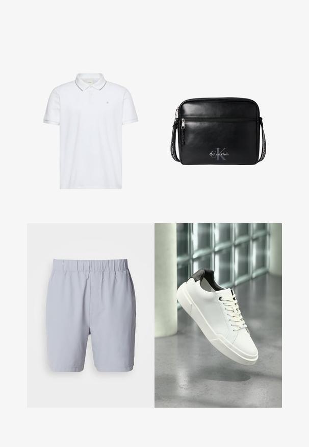 Witte polo met korte mouwen, twee knopen, grijze bies aan kraag en manchetten en klein "ck" logo geborduurd op de borst.; Lichtgrijze zwembroek met een elastische tailleband, twee zijzakken en een gladde, lichte stof. Geen zichtbare patronen of versieringen.; Witte lage sneaker met zwarte, gestructureerde hielkap, witte veters en dikke zool op een gepolijste betonnen vloer nabij glazen blokken.; Zwarte rechthoekige Calvin Klein schoudertas met voorvak met ritssluiting en verstelbare band met Calvin Klein-logo.