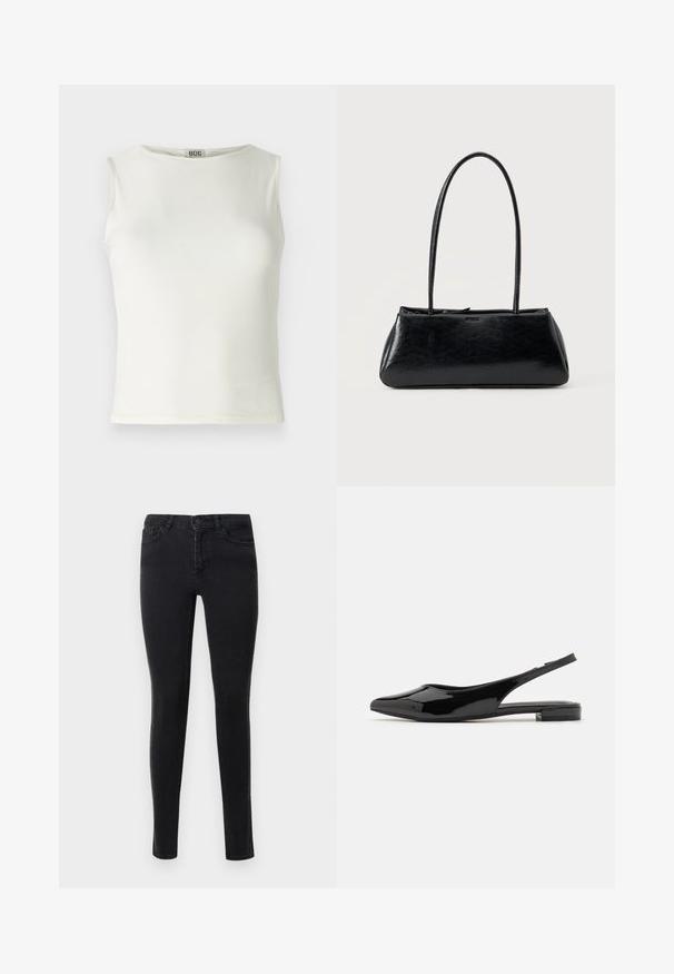 Top blanco sin mangas hecho de tela suave, con un escote redondeado y bordes limpios, con una silueta ajustada. Etiqueta de la marca visible.; Vaqueros skinny negros de denim con una textura suave. Presenta bolsillos delanteros y costuras decorativas a lo largo de las costuras laterales.; Zapatos de charol negro tipo slingback con puntera afilada y tacón bajo. Textura suave, diseño minimalista, parte trasera abierta y silueta elegante.; Bolso de hombro rectangular negro con correas largas y delgadas y una textura lisa y brillante sobre un fondo liso.
