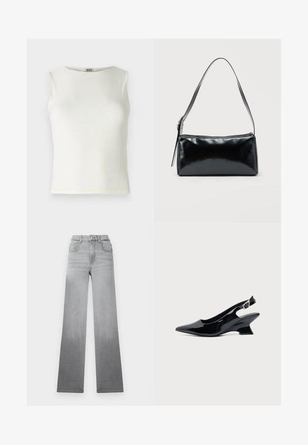 Top blanco sin mangas hecho de tela suave, con un escote redondeado y bordes limpios, con una silueta ajustada. Etiqueta de la marca visible.; Jeans grises con un efecto ombré descolorido, diseño de cintura alta, estilo clásico de cinco bolsillos y piernas rectas y anchas hechas de tela de mezclilla.; Zapato slingback de cuero charol negro con puntera puntiaguda y tacón bajo en bloque inclinado sobre fondo claro liso.; Bolso de hombro rectangular negro con una correa ajustable y un cierre de cremallera superior sobre un fondo liso.
