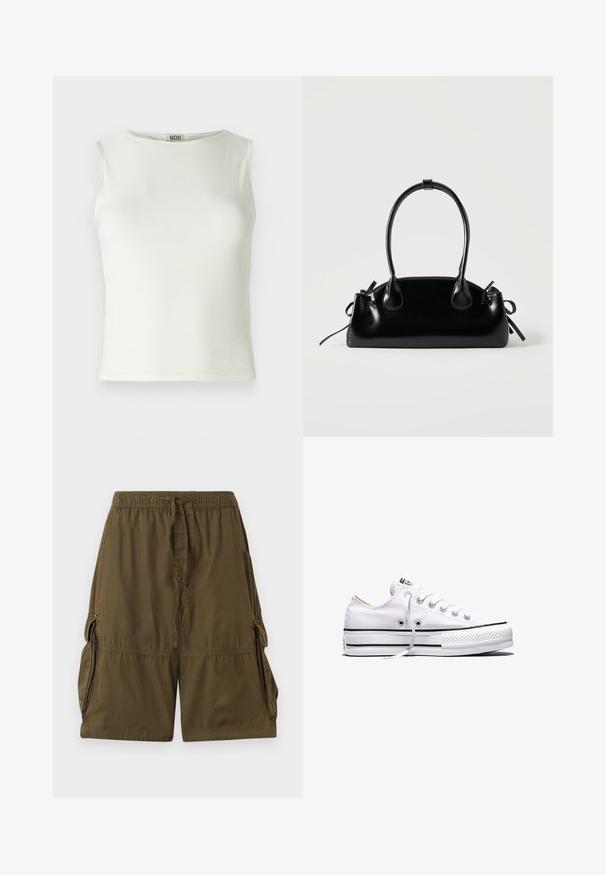 Haut sans manches blanc en tissu lisse, avec un col arrondi et des bords nets, présentant une silhouette ajustée. Étiquette de marque visible.; Shorts cargo vert olive en tissu léger. Dotés d'une taille élastique, d'un cordon de serrage et de deux poches cargo latérales.; Baskets basses en toile blanche avec lacets blancs, bandes noires sur la semelle et embout en caoutchouc texturé, vue de côté sur fond blanc.; Petit sac à main noir brillant avec deux longues anses et des détails à cordon sur les côtés sur un fond clair uni.