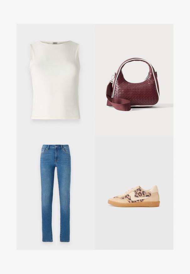 Witte mouwloze top van gladde stof, met een ronde halslijn en schone randen, met een aansluitende silhouet. Merkenlabel zichtbaar.; Blauwe denim jeans met een rechte pasvorm, vijf zakken, sluiting met een knoop aan de voorkant en subtiele stiksels. Schoon ontwerp met een middelgrote wassing.; Luipaardprint sneakers met een beige suède bovenkant, tan rubberen zool en witte accenten. Ronde neus en vetersluiting met een gestructureerde afwerking.; Donkerrode geweven leren handtas met gebogen handvat, witte bies, zilveren rits en afneembare brede stoffen schouderriem tegen een effen achtergrond.