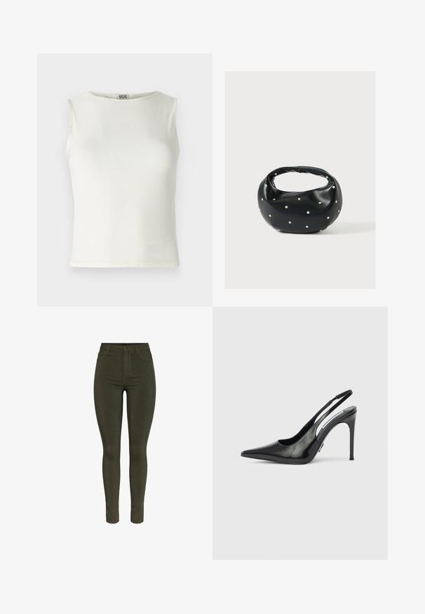Witte mouwloze top van gladde stof, met een ronde halslijn en schone randen, met een aansluitende silhouet. Merkenlabel zichtbaar.; Olijfgroene skinny jeans gemaakt van rekbare stof, met een taille op midhoogte, vijfzakkenontwerp en subtiele stikseldetails.; Zwarte lakleren slingback pump met hoge hak, puntige neus, open zijkanten en een slanke hak. Glanzende afwerking met minimale hardware details.; Zwarte leren handtas met een afgeronde vorm, versierd met zilveren studs, en een korte handgreep. Gladde textuur en ritsluiting.