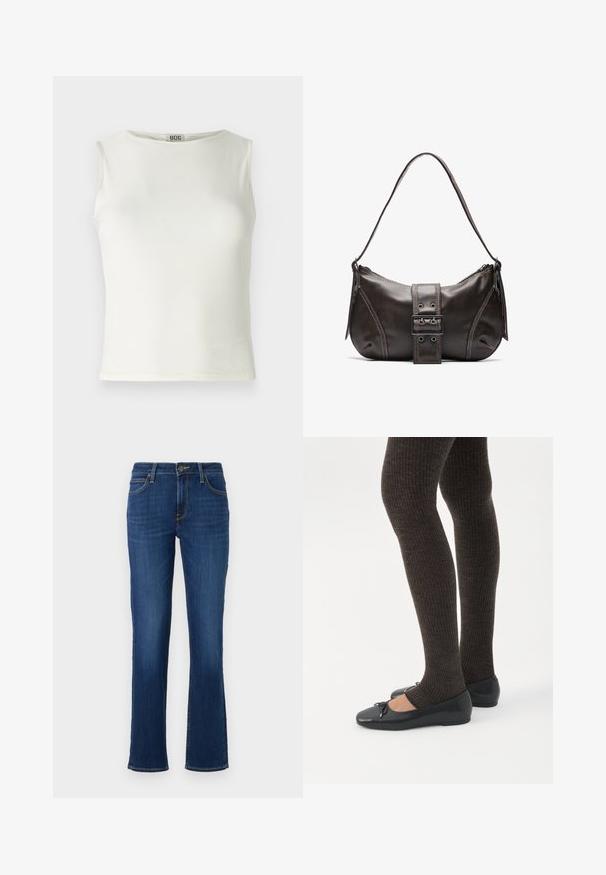 Witte mouwloze top van gladde stof, met een ronde halslijn en schone randen, met een aansluitende silhouet. Merkenlabel zichtbaar.; Donkerblauwe jeans met rechte pijpen, voorzakken, ceintuurlussen, knoopsluiting en zichtbare stiknaden op een witte achtergrond.; Benen met donkere geribbelde leggings gecombineerd met zwarte ballerina's met kleine strikdetails op een witte achtergrond.; Bruine leren schoudertas met een gebogen vorm, voorzien van een opvallende gespdetail, contrasterende stiksels en een enkele schouderband.
