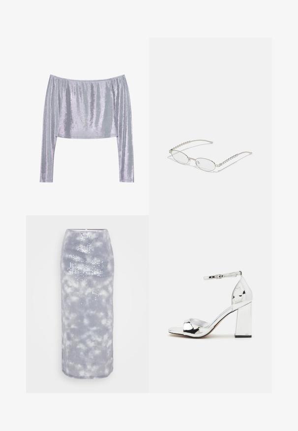 Off-the-shoulder langærmet top i skinnende sølv stof, med en afslappet pasform og tekstureret overflade med lodrette striber.; Grå midi-nederdel lavet af ribbet stof med et sky mønster og pailletter. Den har en tætsiddende pasform og en glat kant.; Sølv højhælede sandaler med blokhæle, åben tå og ankelrem. Har en blank lakfinish og en polstret sål.; Ovale briller med en metallisk sølvramme, klare linser og strukturerede perleaccentede stænger. Letvægtsdesign med buede arme.