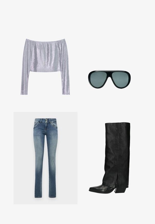 Off-the-shoulder top met lange mouwen van glanzend zilverachtige stof, met een relaxte pasvorm en een gestructureerd oppervlak met verticale strepen.; Lichtblauwe denim jeans met een rechte pijpdesign, twee voorzakken, een vervaagde afwerking en een klein versleten detail op de rechterdij.; Hoge zwarte leren laarzen met een vierkante neus en een blokhak. Heeft een gladde textuur en een split aan de achterkant voor extra detail.; Zwarte oversized zonnebril met donker getinte glazen en afgeronde rechthoekige monturen, afgebeeld tegen een witte achtergrond.