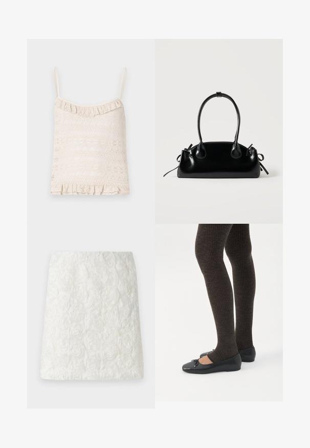 Camisole en dentelle de couleur beige clair avec des bretelles fines ajustables, un ourlet froncé et une texture à motifs complexes sur l'ensemble du tissu.; Jupe mini blanche avec une surface texturée ornée de motifs floraux en relief ressemblant à des roses, fabriquée en tissu léger.; Jambes portant des leggings côtelés foncés associés à des ballerines noires avec de petits détails en nœud sur fond blanc.; Petit sac à main noir brillant avec deux longues anses et des détails à cordon sur les côtés sur un fond clair uni.