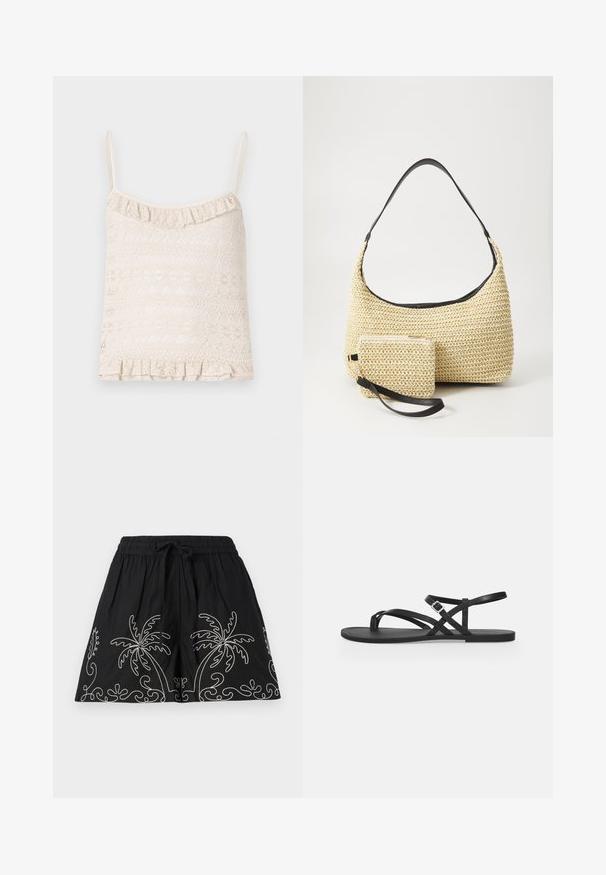 Spitzen-Top in hellbeige mit verstellbaren dünnen Trägern, gerüschtem Saum und aufwendigem, gemustertem Texturdesign im gesamten Stoff.; Schwarze Baumwollshorts mit elastischem Bund und Kordelzug. Verziert mit weißen, gestickten Palmen-Designs entlang des Saums.; Schwarze flache Sandale mit dünnen Riemchen, Zehenschlaufe und verstellbarem Schnallenriemen am Knöchel auf einem schlichten hellgrauen Hintergrund.; Geflochtene Strohtasche mit geschwungener Silhouette, ausgestattet mit einem glatten schwarzen Ledergriff und einem passenden kleinen Beutel, der mit einem Handgelenkriemen befestigt ist.