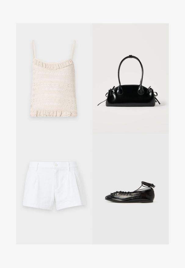 Spitzen-Top in hellbeige mit verstellbaren dünnen Trägern, gerüschtem Saum und aufwendigem, gemustertem Texturdesign im gesamten Stoff.; Weiße Leinen-Shorts mit Falten, Knopfverschluss und Seitentaschen. Besitzt einen taillierten Schnitt und eine glatte Textur.; Schwarze Ballerinas aus Lackleder mit runder Spitze, Schnürdesign und flacher Sohle. Glatte Textur mit minimaler Verzierung.; Kleine schwarze glänzende Handtasche mit zwei langen Griffen und seitlichen Kordelzug-Details vor einfachem hellem Hintergrund.