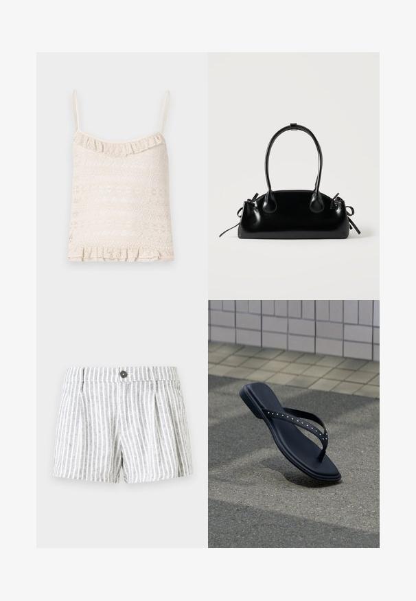 Spitzen-Top in hellbeige mit verstellbaren dünnen Trägern, gerüschtem Saum und aufwendigem, gemustertem Texturdesign im gesamten Stoff.; Gestreifte Shorts in Hellgrau und Weiß, mit Knopfverschluss, Falten an der Vorderseite und einem weichen, strukturierten Stoff.; Schwarze Flip-Flop-Sandale mit genieteten Riemen, die über Asphaltboden nahe der gefliesten Wandkante hängt.; Kleine schwarze glänzende Handtasche mit zwei langen Griffen und seitlichen Kordelzug-Details vor einfachem hellem Hintergrund.