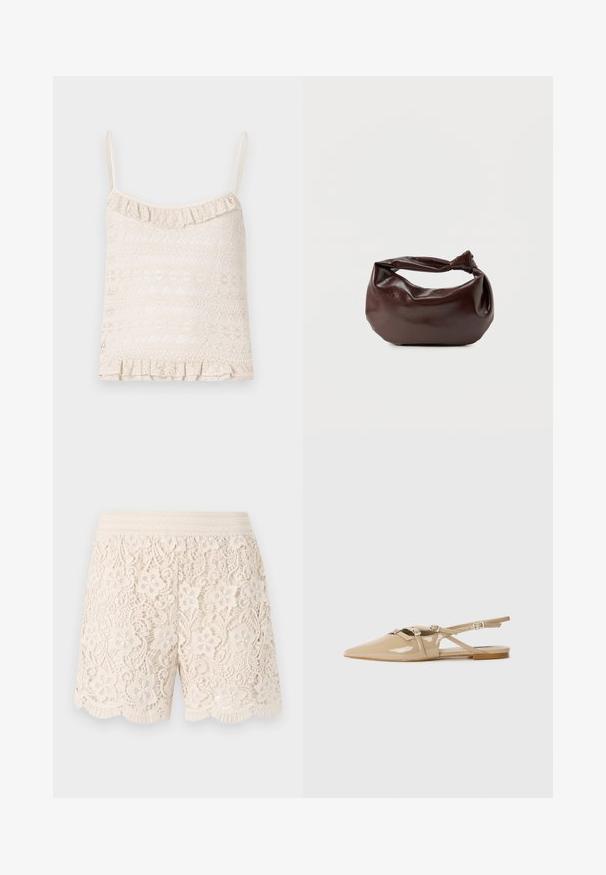 Camisole en dentelle de couleur beige clair avec des bretelles fines ajustables, un ourlet froncé et une texture à motifs complexes sur l'ensemble du tissu.; Shorts en dentelle couleur blanc cassé avec des motifs floraux, ourlet festonné et taille élastique, présentant des détails intriqués sur l'ensemble du tissu.; Ballerines à talon bas en cuir verni beige avec un bout pointu, des brides décoratives et des boucles. Fini lisse et brillant avec un minimum de détails.; Sac bandoulière en cuir marron foncé avec une forme souple et décontractée et une anse nouée torsadée sur un fond blanc uni.