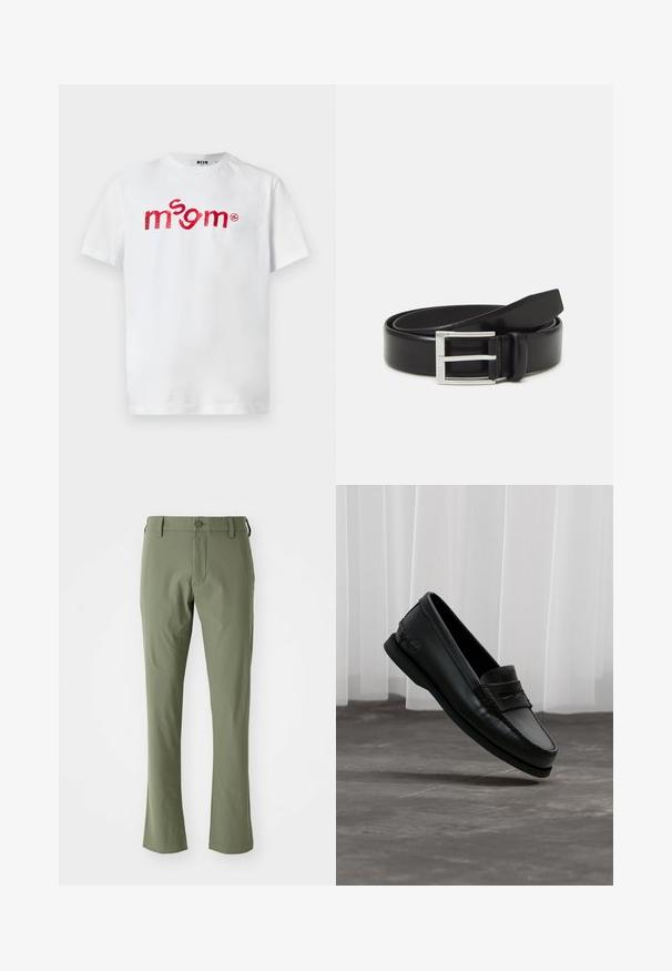 Biele tričko s krátkym rukávom s červeným vyšitým logom "msgm" uprostred na hrudi, okrúhlym výstrihom a štítkom značky MSGM vo vnútri goliera.; Zelené nohavice na mieru so slim strihom, vyrobené z hladkej látky. Majú predný zips, zapínanie na gombík a rovné lemy.; Čierny kožený mokasín s mok toe a penny remienkom, mierne naklonený nad sivou podlahou, biele vertikálne žalúzie v pozadí.; Čierny kožený opasok s lesklým povrchom; obsahuje striebornú kovovú sponu s obdĺžnikovým rámčekom a hladkými hranami.