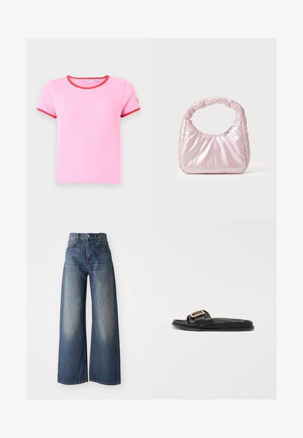 Rosa Rippenbaumwoll-T-Shirt mit kurzen Ärmeln und roten Kontrastakzenten am Halsausschnitt und an den Ärmeln. Standard-Design mit Rundhalsausschnitt.; Blaue hoch taillierte Schlagjeans mit vorderem Knopf und Taschen, verblasste Textur an den Oberschenkeln und geradem Saum.; Schwarze Leder-Sandale mit breiter Riemen, metallischem Schnallenakzent, flacher Sohle und glatter Textur. Schlichtes und elegantes Design.; Rosa, gepolsterte Handtasche mit abgerundeter Form, aus glänzendem Material gefertigt. Verfügt über einen gerafften Griff und einen Reißverschluss für sicheren Zugang.