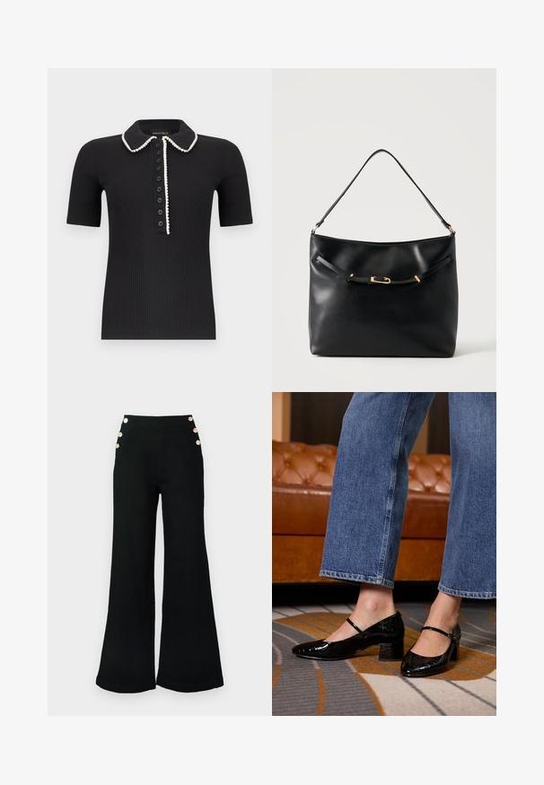 Schwarzes, geripptes Polohemd mit kurzen Ärmeln und weißem Besatz entlang des Kragens und der Knopfleiste, vorne mit sieben schwarzen Knöpfen.; Hoch taillierte schwarze Hose aus Denim. Weites Bein mit vier goldfarbenen Knopfakzenten an der Seite. Glatte Textur und maßgeschneiderte Passform.; Schwarze Lackleder-Pumps mit spitzem Zehenbereich, Blockabsatz und Knöchelriemen, getragen mit weit geschnittenen Jeans auf einem gemusterten Teppich.; Schwarze Leder-Schultertasche mit einem einzelnen Riemen und einer kleinen goldenen Schnalle vorne vor einem schlichten hellen Hintergrund.