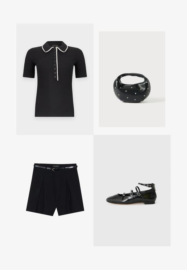 Zwart geribd polo-shirt met korte mouwen en witte bies langs de kraag en het knoopsluiting, met zeven zwarte knopen aan de voorkant.; Zwarte op maat gemaakte shorts met plooien, voorzien van een slanke zwarte riem met een gouden gesp. Gemaakt van een soepele stof, die een verfijnde uitstraling biedt.; ALDO NELTA - Ballerina's - black; Zwarte leren handtas met een afgeronde vorm, versierd met zilveren studs, en een korte handgreep. Gladde textuur en ritsluiting.