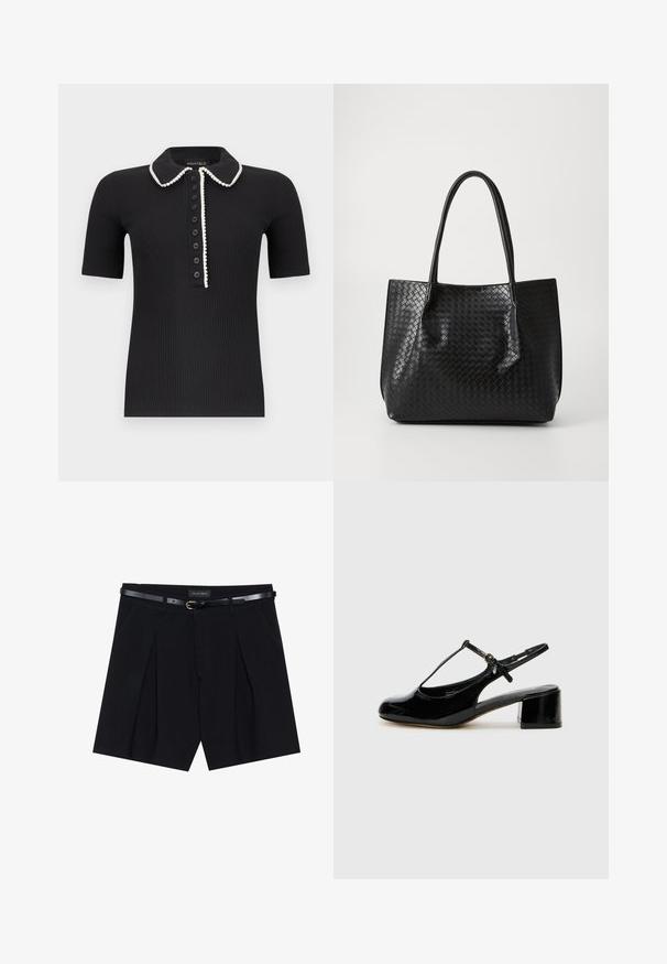 Polo negro de manga corta con tejido acanalado, ribete blanco a lo largo del cuello y la tapeta de los botones, con siete botones negros en la parte delantera.; Shorts negros a medida con pliegues, que cuentan con un cinturón negro delgado con hebilla dorada. Elaborados en un tejido suave, ofrecen un aspecto pulido.; Zapato de charol negro con diseño de tira T, punta redonda y tacón bajo tipo bloque. Cuenta con una correa de tobillo flexible.; Bolso tote de cuero trenzado negro con dos asas, forma estructurada y un sutil acabado brillante sobre un fondo claro.