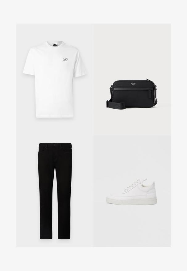 Hvid bomulds t-shirt med rund halsudskæring, korte ærmer og et sort EA7-logo på venstre bryst. Glat, ensartet tekstur.; Sorte denim jeans med lige pasform, der har knaplukning, fem lommer og diskrete syninger. Blød tekstur og glat finish.; Hvid lædersneaker med rundet tå, flad sål og snørebånd foran. Har syningsdetaljer og polstret krave for komfort.; Sort rektangulær crossbody-taske med lynlåslomme foran, justerbar rem og lille metallogo øverst i midten.