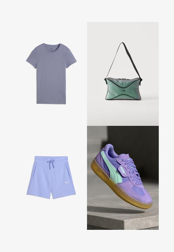Lichtpaars katoenen T-shirt met korte mouwen, ronde hals en een klein geborduurd Puma-logo in het midden van de borst.; Lichtpaarse shorts met trekkoord, zijzakken en een klein wit Puma-logo op het linkerbeen.; Paarse suède en mesh sneaker met mintaccenten, vetersluiting en een gestructureerde gumzool. Bevat PUMA-branding aan de zijkant.; Kleine groene iriserende schoudertas met zwarte rand, zwarte verstelbare band, ritssluiting en Puma-logo middenvoor.