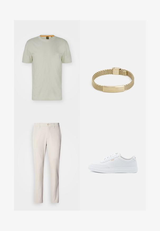 Lys grøn kortærmet T-shirt lavet af blødt stof, med rund hals og et diskret logo på fronten. Enkel design med minimal detaljer.; Beige bukser med slim fit, der har en frontknaplukning, flad frontdesign og lige ben, lavet af glat bomuldsblandingsstof.; Hvide lædersneakers med glat tekstur, rund tå og ton-i-ton syning. Har blå snørebånd og et gult logo på siden.; Guldfarvet mesh-armbånd med en flad, indgraveret plade med ordet "BOSS". Designet er strømlinet med en metallisk tekstur og sikker lukning.