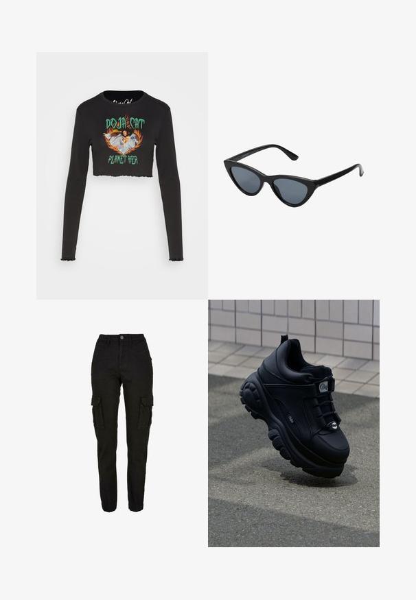 Noisy May NMSAGA O NECK DOJA CAT - Longsleeve - black; Zwarte cargobroek met hoge taille, zijflapzakken, voorzakken, riemlussen, knoopsluiting en elastische boorden.; Zwarte chunky sneakers met een gladde leren afwerking, vetersluiting aan de voorkant, gevoerde zool en een reliëflogo op de zijkant. Gezichtsopvlakte zichtbaar.; Zwarte cat-eye zonnebril met donkergrijze lenzen, slank plastic frame, puntige hoeken en rechte pootjes. Geen zichtbare hardware of accenten.