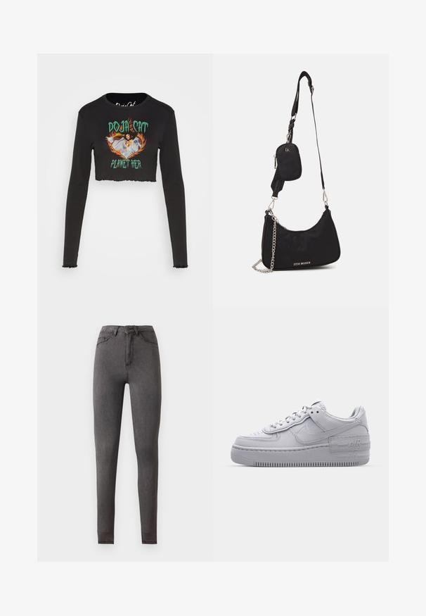 Noisy May NMSAGA O NECK DOJA CAT - Top s dlhým rukávom - black; Vysoký pás, slim-fit tmavosivé denimové rifle s vreckami vpredu aj vzadu, zapínanie na gombíky a viditeľné švy.; Šedé tenisky Nike Air Force 1 s perforovanou špičkou, hladkým koženým zvrškom, hrubou podrážkou a embosovaným detailom 'AIR' na päte.; Čierna nylonová taška cez rameno so zakriveným tvarom, strieborným reťazovým akcentom, odnímateľnou mini taškou a nastaviteľným popruhom; má logo "Steve Madden".
