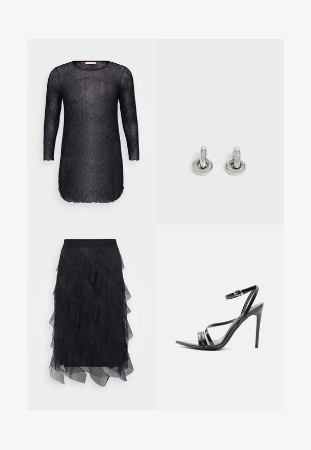 Vestido tunica negro translúcido con mangas de tres cuartos, escote redondo y dobladillo con forma de concha. Tela texturizada con un sutil brillo en todo el diseño.; Falda de tul negra con volantes en capas, una cinturilla elástica y una silueta fluida. La textura transparente aporta ligereza y movimiento.; Sandalia negra de tacón alto con finas tiras sobre los dedos y el tobillo, con una hebilla dorada en un tacón stiletto delgado.; Par de pequeños pendientes de aro plateados brillantes con base redonda, exhibidos sobre un fondo claro y liso.