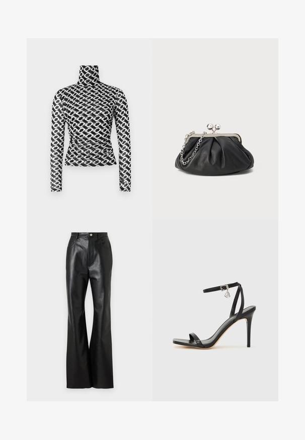 Top de manga larga con cuello alto en tejido negro translúcido con un patrón repetitivo de cadenas blancas. Diseño ajustado con detalles sutiles de fruncido en la cintura.; Pantalones de cuero negro acampanados con un acabado elegante, bolsillos frontales y costuras en contraste. Presenta un cierre de botón y una cinturilla estructurada.; Sandalia de tacón alto negra con una estrecha correa en el tobillo, punta cuadrada, material de cuero liso y detalle de hebilla metálica.; Clutch de cuero negro con textura arrugada, marco de metal en tono plateado, cierre de beso y cadena para colgar. Superficie suave y lisa.