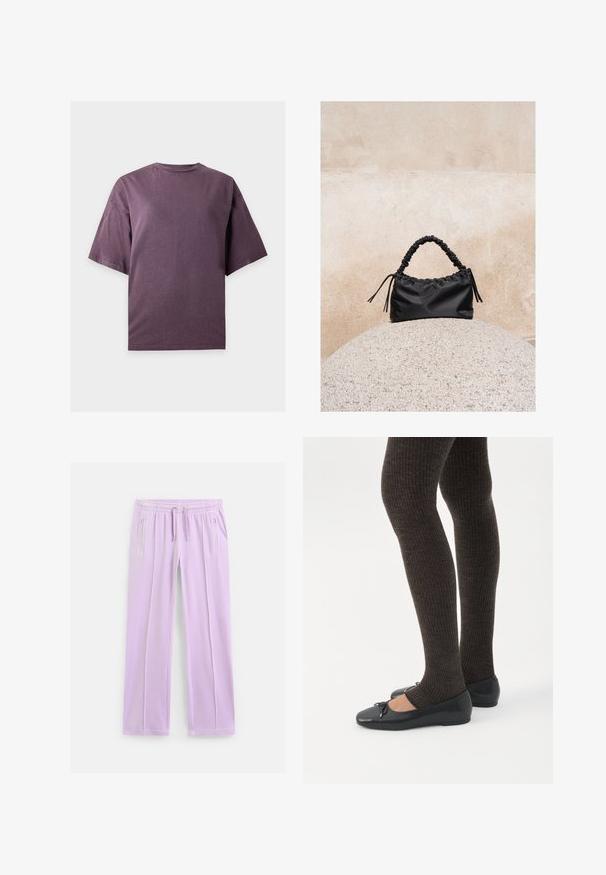 Effen donkerpaarse T-shirt met korte mouwen, ronde hals en een losse pasvorm, getoond op een effen lichte achtergrond.; Lichtpaarse sweatpants met rechte pijpen, een elastische tailleband, verstelbare trekkoorden en ritszakken aan de zijkanten.; Benen met donkere geribbelde leggings gecombineerd met zwarte ballerina's met kleine strikdetails op een witte achtergrond.; Zwarte gerimpelde handtas met een samengevoegde handvat, rustend op een gestructureerde stenen bol tegen een beige betonnen muur.