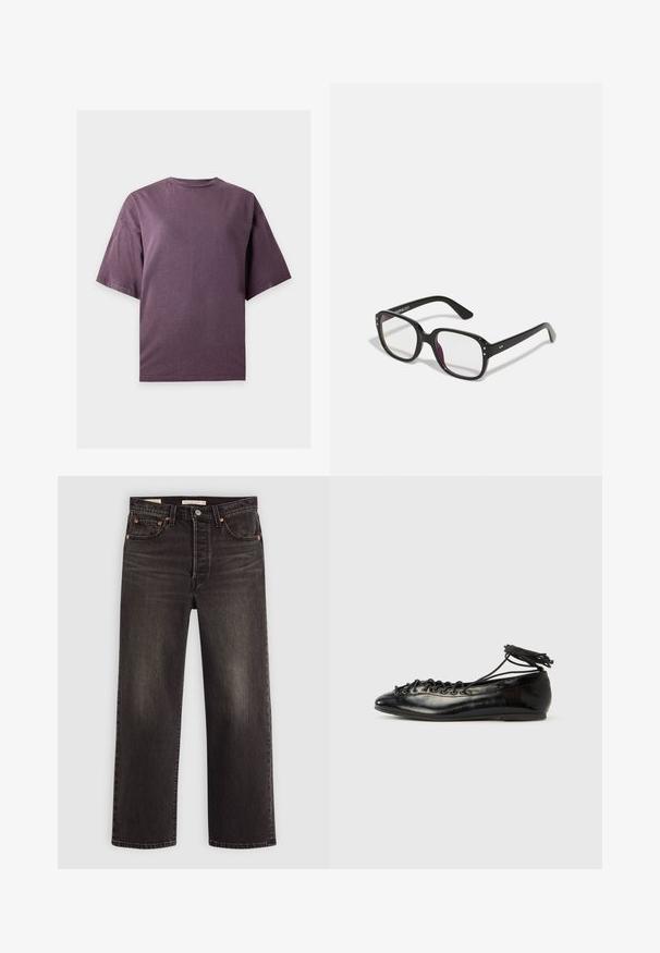 Solides dunkelviolettes T-Shirt mit kurzen Ärmeln, Rundhalsausschnitt und lockerem Schnitt, auf hellem einfarbigem Hintergrund präsentiert.; Schwarze Jeans aus Denim mit geradem Bein. Verfügt über kupferne Nieten und Taschen. Glatte Textur und leicht verwaschene Optik.; Schwarze Ballerinas aus Lackleder mit runder Spitze, Schnürdesign und flacher Sohle. Glatte Textur mit minimaler Verzierung.; Schwarze rechteckige Brille mit klaren Gläsern, abgerundeten Kanten und seitlichen Akzenten, mit glänzender Oberfläche des Rahmens und der Bügel.