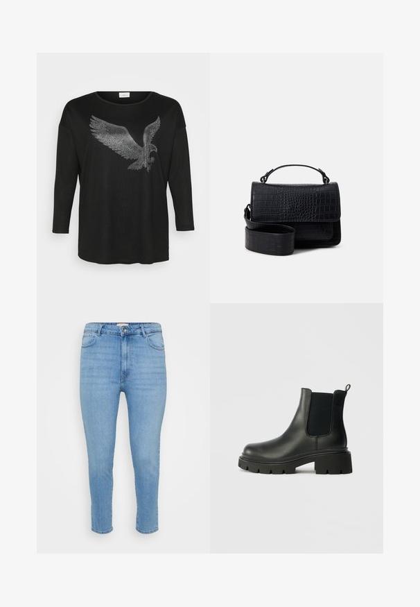 Musta pitkähihainen paita, jossa on hohtava kotka-design, joka on tehty hopeisista rhinestone-kivistä. Paidassa on rento istuvuus ja pyöreä pääntie.; Vaaleansiniset korkeavyötäröiset skinny-farkut, joissa on nappi- ja vetoketjukiinnitys, etu- ja takataskut sekä nilkkapituinen leikkaus.; Mustat nahkaiset Chelsea-saappaat, joissa on elastiset sivupaneelit, luontainen pintakuvio ja paksu kumipohja. Ominaisuutena vetoketju, joka helpottaa pukemista.; Mustan krokotiilitekstuurilla varustettu olkahihnalla ja irrotettavalla yläkahvalla varustettu laukku, jossa on läppäklipsi ja sileä viimeistely.