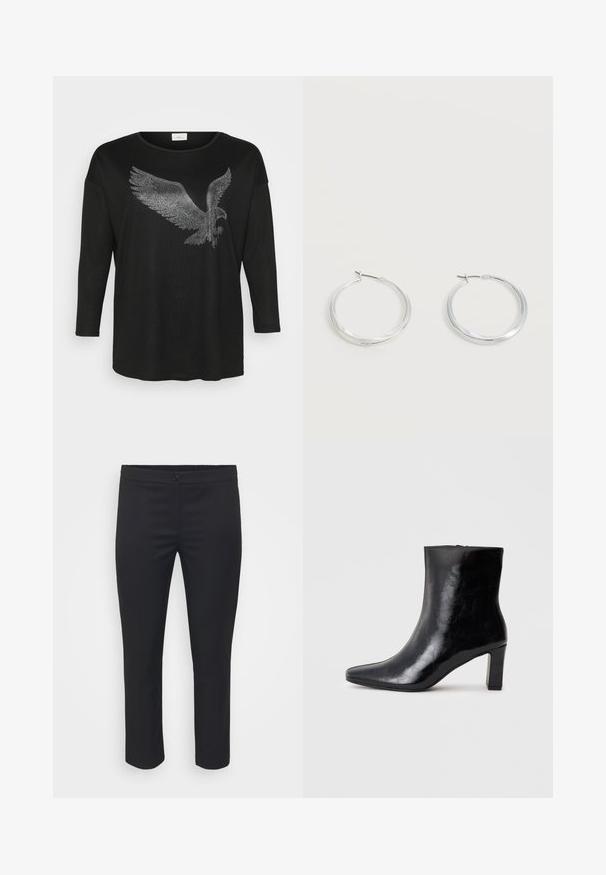 Schwarzes Langarmshirt mit einem glänzenden Adlerdesign aus silbernen Strasssteinen, entspannt geschnitten und mit rundem Ausschnitt.; Schwarze, taillierte Hosen mit glatter Textur, mittlerer Taille und knöchellanger Länge. Mit einem Frontknopfverschluss und klaren Linien.; Schwarze Knöchelstiefel aus glänzendem Leder mit spitzem Zustand und mittelhohem Blockabsatz, mit glatter Textur und einfachem Design.; Silberne Metallcreolen mit glatter, leicht gebogener Oberfläche und Klappverschluss vor schlicht weißem Hintergrund.