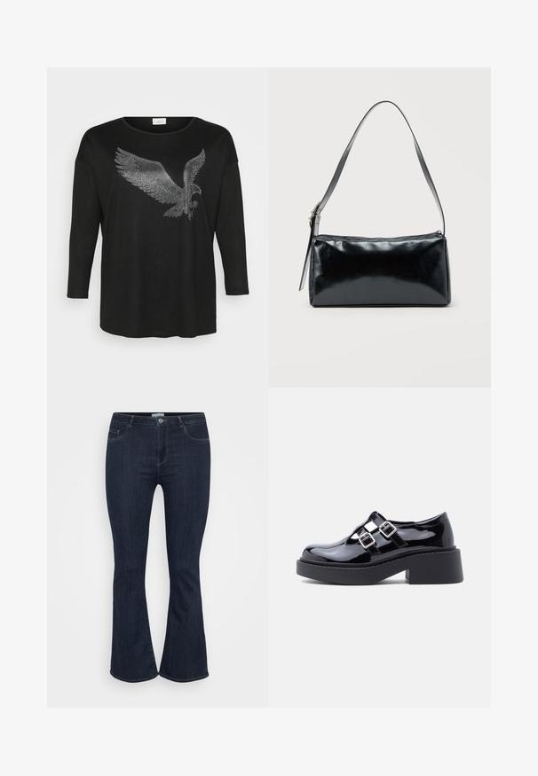 Schwarzes Langarmshirt mit einem glänzenden Adlerdesign aus silbernen Strasssteinen, entspannt geschnitten und mit rundem Ausschnitt.; Dunkelblaue, hoch taillierte Jeans aus Denim mit schmalem Oberschenkel und leicht ausgestelltem Beinende, ausgestattet mit Fronttaschen und einem Knopfverschluss.; Schwarze Plateau-Schuhe aus Lackleder mit breitem Absatz, Ausschnitt-Design und zwei silbernen Schnallenakzenten über dem Spann. Flache Gummisohle.; Schwarze rechteckige Schultertasche mit einem verstellbaren Riemen und einem oberen Reißverschluss vor einfachem Hintergrund.