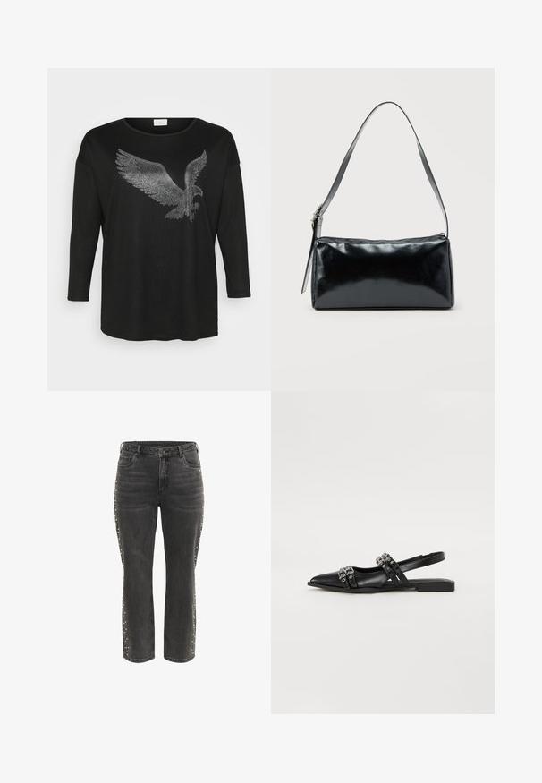 Sort langærmet skjorte med et glitrende ørne-design lavet af sølvfarvede rhinsten, med en afslappet pasform og rund halsudskæring.; Sorte høj talje lige jeans med metalknap, forlommer og små sølvnitter langs de ydre sidesømme.; Even&Odd by Zalando Slingback-ballerinasko - black; Sort rektangulær skuldertaske med en enkelt justerbar rem og lynlås i toppen på en ensfarvet baggrund.