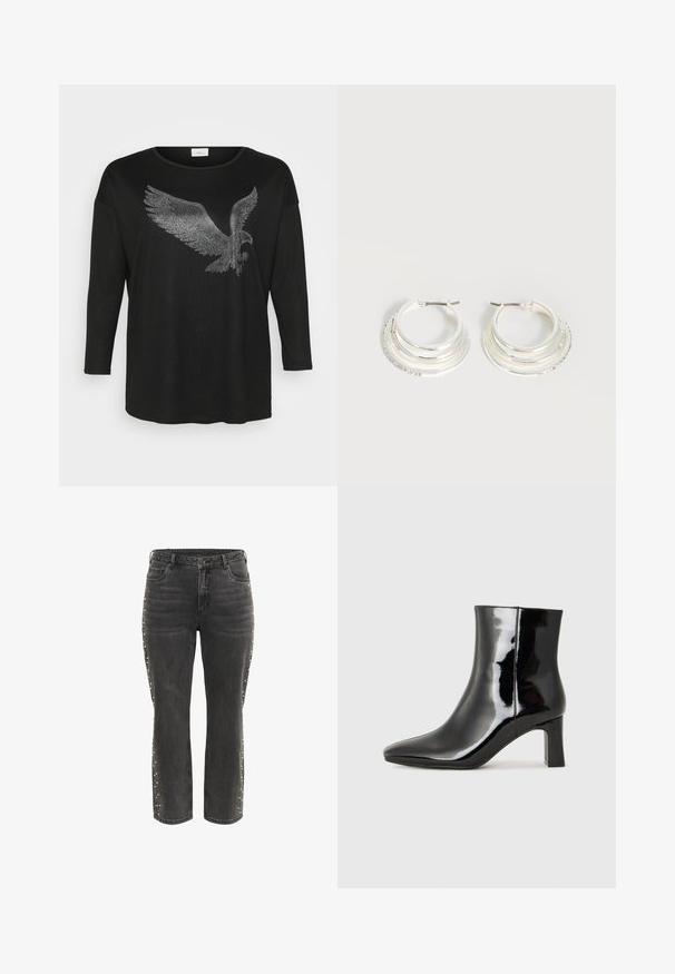 Sort langærmet skjorte med et glitrende ørne-design lavet af sølvfarvede rhinsten, med en afslappet pasform og rund halsudskæring.; Sorte høj talje lige jeans med metalknap, forlommer og små sølvnitter langs de ydre sidesømme.; Sort lakeret ankelstøvle med spids tå og en midt-højde blokhæl. Glat tekstur og minimalistisk design.; Sølv hoop øreringe med tre lagdelte halvcirkelformede bånd, hvoraf det ene er udsmykket med små klare krystaller på en lys baggrund.