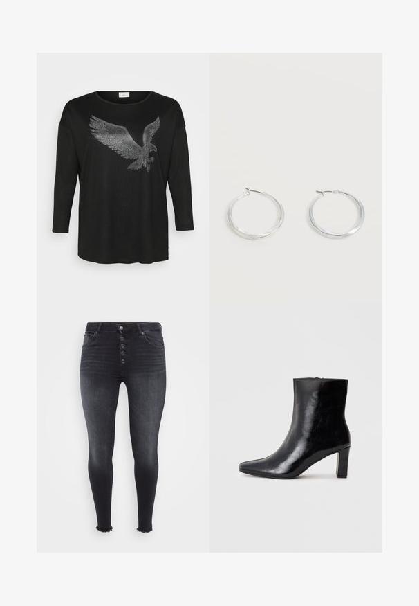 Sort langærmet skjorte med et glitrende ørne-design lavet af sølvfarvede rhinsten, med en afslappet pasform og rund halsudskæring.; Højtaljede sorte skinny jeans med knaplukning foran, falmet tekstur og frynset kant detalje. Fremstillet af denim materiale.; Sorte ankelstøvler lavet af blank læder, med spidse tæer og en mellemstor blokhæl, med en glat tekstur og et enkelt design.; Sølvfarvede metaloorringe med glat, let buet overflade og låsemekanisme på en ensfarvet hvid baggrund.