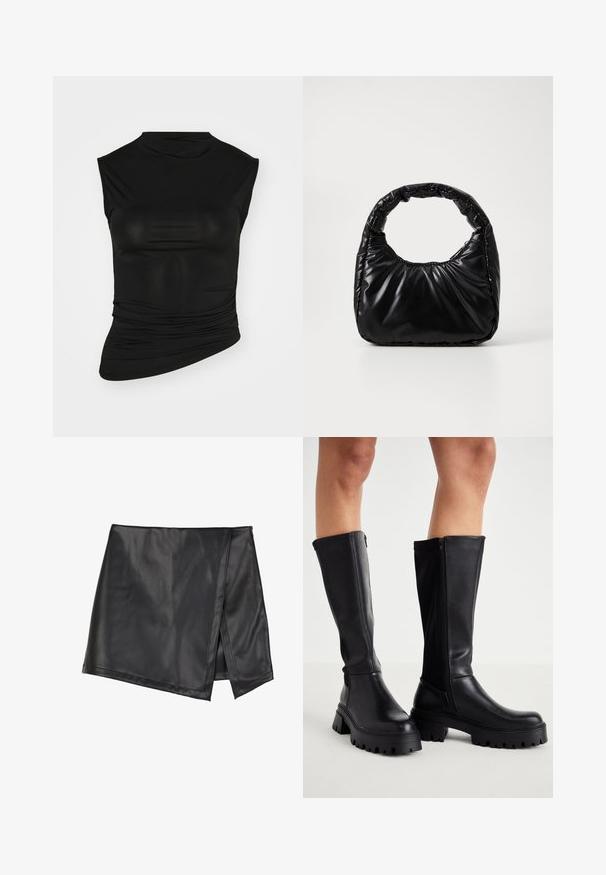 Zwarte mouwloze top met hoge hals, gemaakt van een gladde stof. Heeft geplooide details aan één zijde en een getailleerde silhoët.; Even&Odd Minirok - black; Zwarte kniehoge laarzen van glad synthetisch leer met een dikke zool, zijrits en een ronde neusontwerp.; Zwarte gevoerde handtas met een ronde handgreep, met een gladde, glanzende oppervlakte en een zachte, gewatteerde textuur. Geen zichtbare metalen onderdelen of accenten.